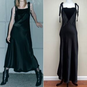Zara Ltd Edition Black Satin Shoulder Tie Camisole Slip Midi Dress Size Small